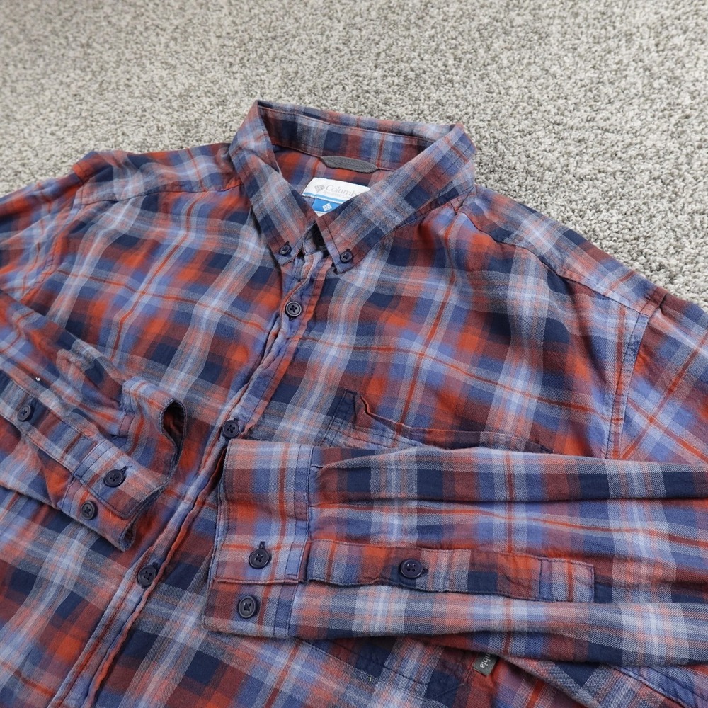 Columbia Shirt Mens 2XL Red Blue Plaid Flannel Button Up Long Sleeve Hike Casual